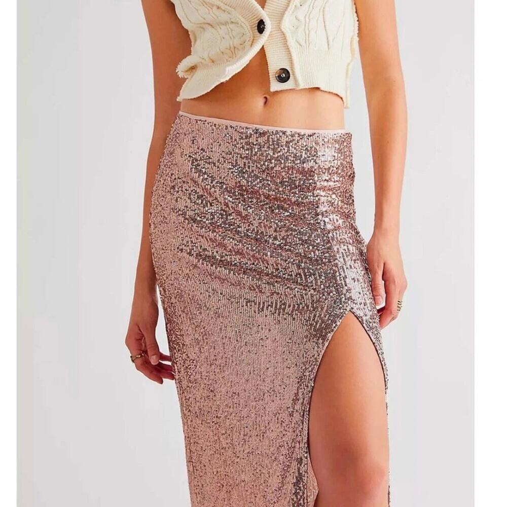 Free People Sea Shell Sequin Maxi Skirt gold Sz 0 high slit - Picture 2 of 10